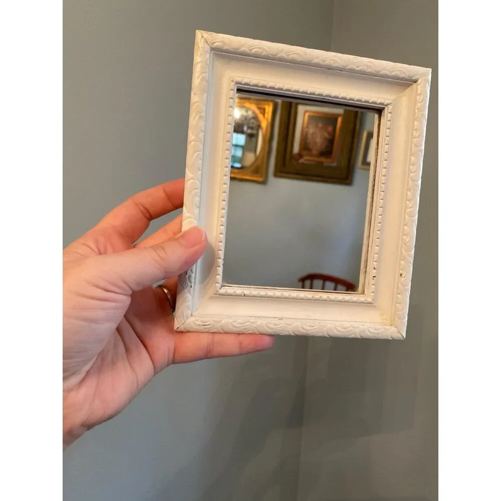 Small Vintage White Ornate Rectangular Mirror With Decorative Frame